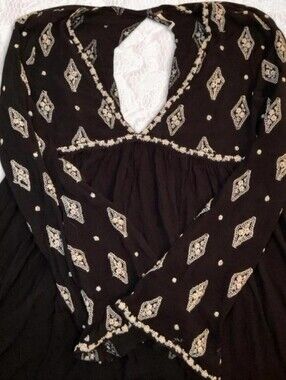 Free People Black Tunic with Cream Embroidery Small